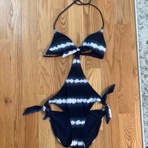 Navy and white tie-dye one piece bathing suit